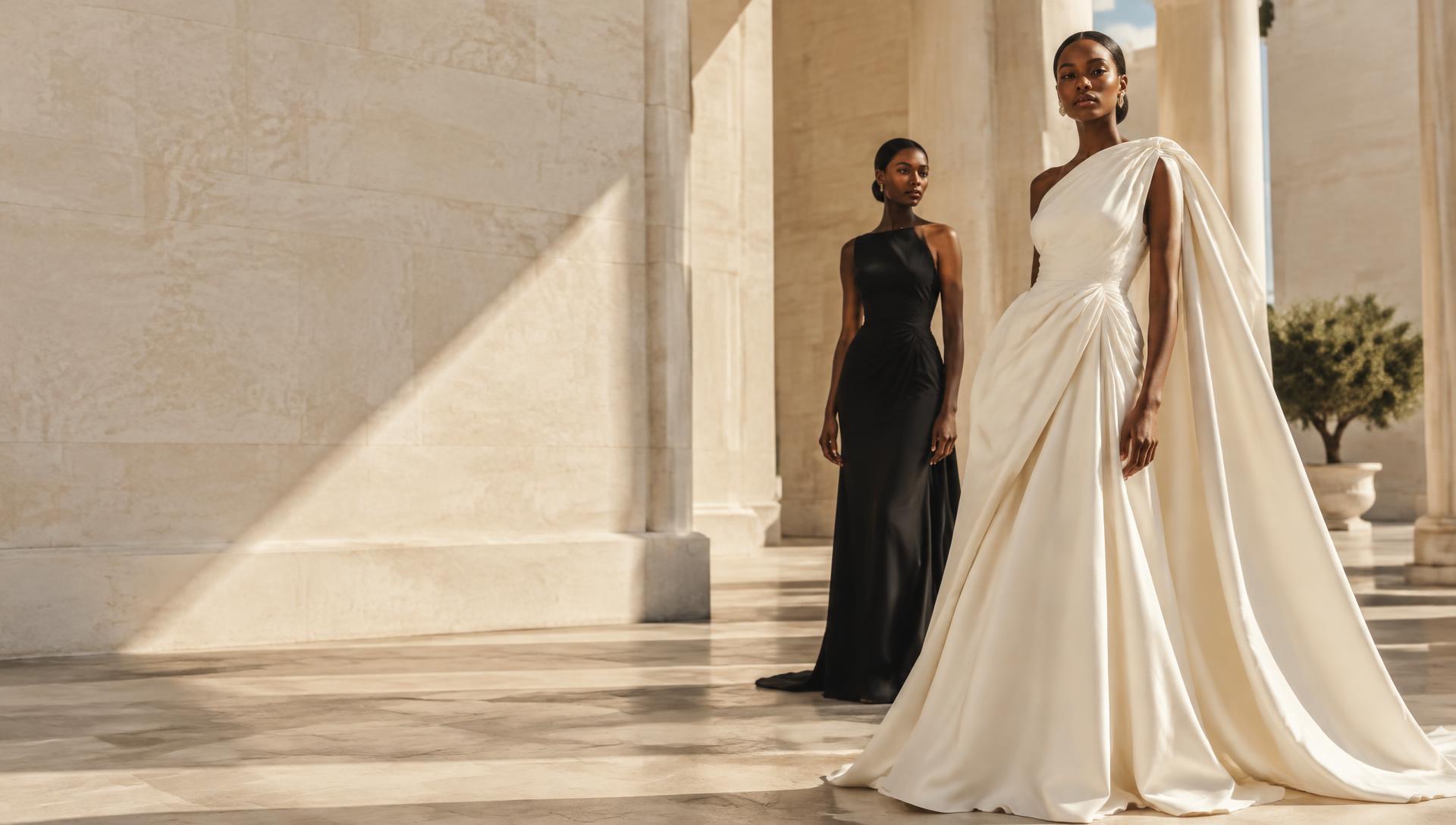 Evado editorial concept: ivory draped gown and black evening dress in a sunlit courtyard